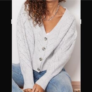 Evereve Cropped Pointelle Diamond Knit V-Neck Cardigan Grey Mist Marl Sz S NWOT